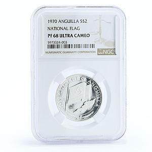 Anguilla 2 dollars National Flag Coat of Arms Dolphins PF68 NGC silver coin 1970