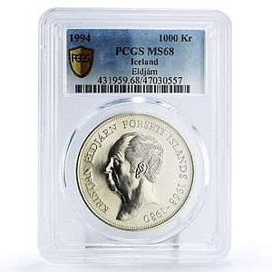 Iceland 1000 kronur 3rd President Kristjan Eldjarn MS68 PCGS silver coin 1994