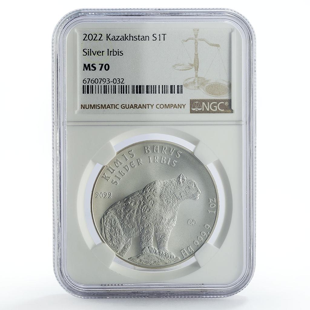 Kazakhstan 1 tenge Irbis Snow Leopard Investment MS70 NGC silver coin 2022