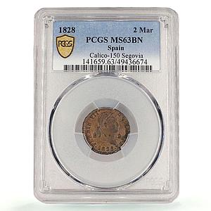 Spain 2 maravedis Fernando Ferdinand VII KM-487 MS63 PCGS copper coin 1828