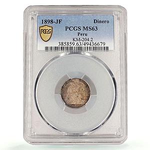 Peru 1 dinero Regular Coinage Seated Liberty KM-204.2 MS63 PCGS silver coin 1898