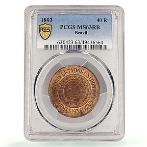 Brazil 40 reis Regular Coinage PROSPERIDADE KM-491 MS63 PCGS bronze coin 1893