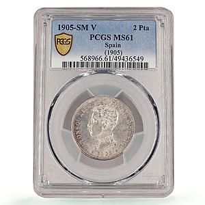 Spain 2 pesetas Regular Coinage Alfonso XIII KM-725 MS61 PCGS silver coin 1905
