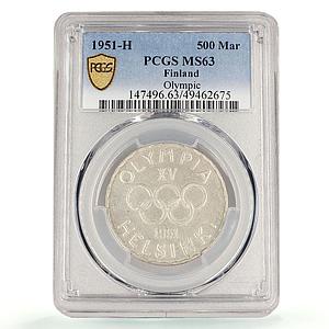 Finland 500 markaa Helsinki Winter Olympic Games KM-35 MS63 PCGS Ag coin 1951