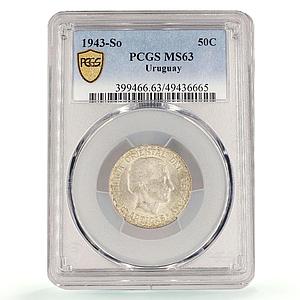 Uruguay 50 centesimos Oriental Artigas Coinage KM-31 MS63 PCGS silver coin 1943