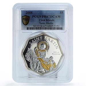 Cook Islands 5 dollars Saint Martin Horseman Gilt PR67 PCGS silver coin 2008