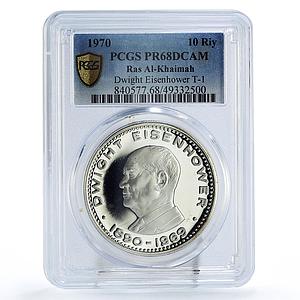Ras al Khaimah 10 riyals Dwight Eisenhower with PROOF PR68 PCGS silver coin 1970