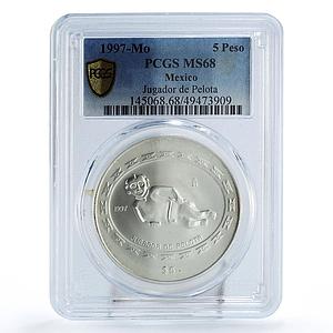 Mexico 5 pesos Precolombina Jugador de Pelota Statue MS68 PCGS silver coin 1997