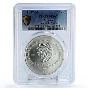Mexico 5 pesos Precolombina Disco Muerte Death Disc MS67 PCGS silver coin 1997