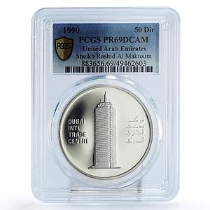UAE 50 dirhams Sheikh Maktoum Trade Center Tower PR69 PCGS silver coin 1990