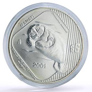 Mexico 5 pesos Conservation Wildlife Manati Manatee Fauna silver coin 2001
