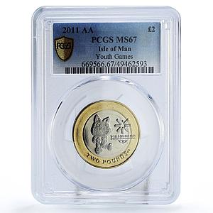 Isle of Man 2 pounds Youth Games Cat Tosha KM-1476 MS67 PCGS bimetal coin 2011