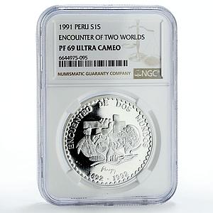 Peru 1 sol Two Worlds Encounter Conquistador Indian PF69 NGC silver coin 1991