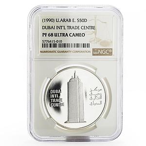 United Arab Emirates 50 dirhams Dubai Trade Centre tower PF-68 NGC coin 1990