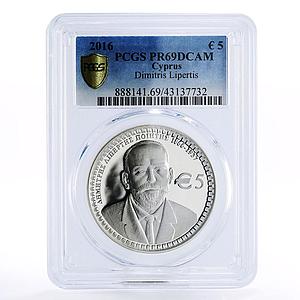 Cyprus 5 euro 150th Anniversary of Dimitris Lipertis PR69 PCGS silver coin 2016