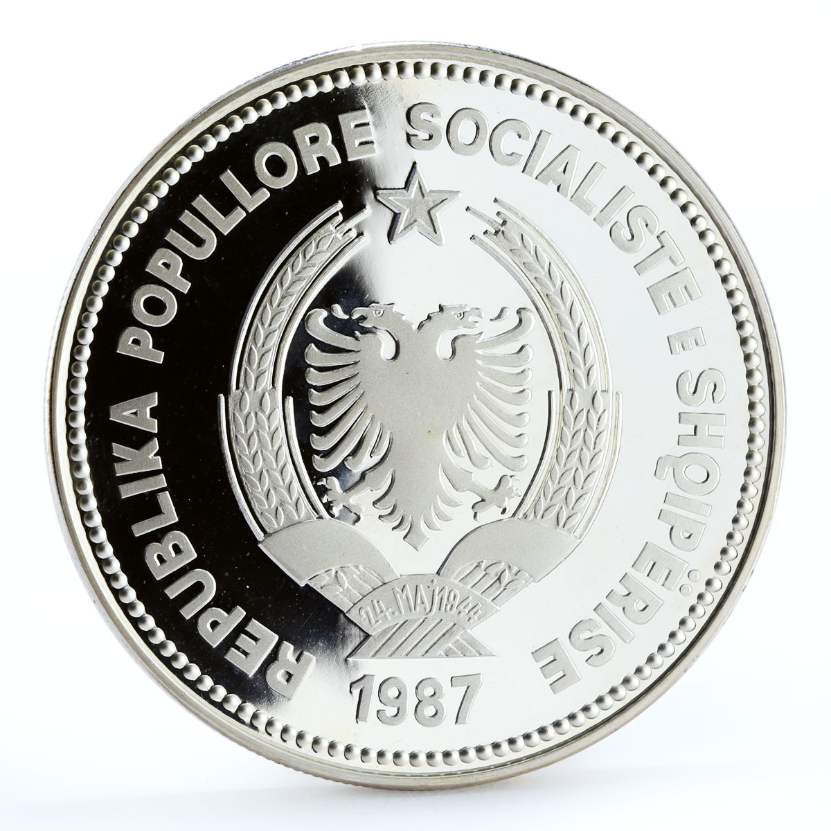 Albania 50 leke Seaport of Durazzo Ship Clipper proof silver coin 1987