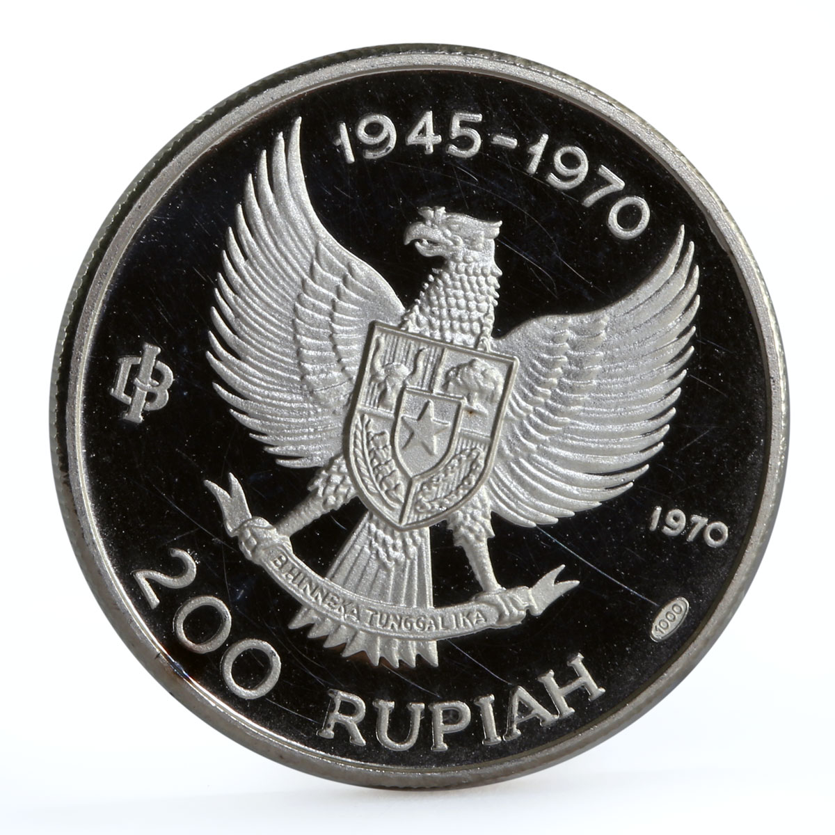 Indonesia 200 rupiah 25th Anniversary Independence Great Bird silver coin 1970