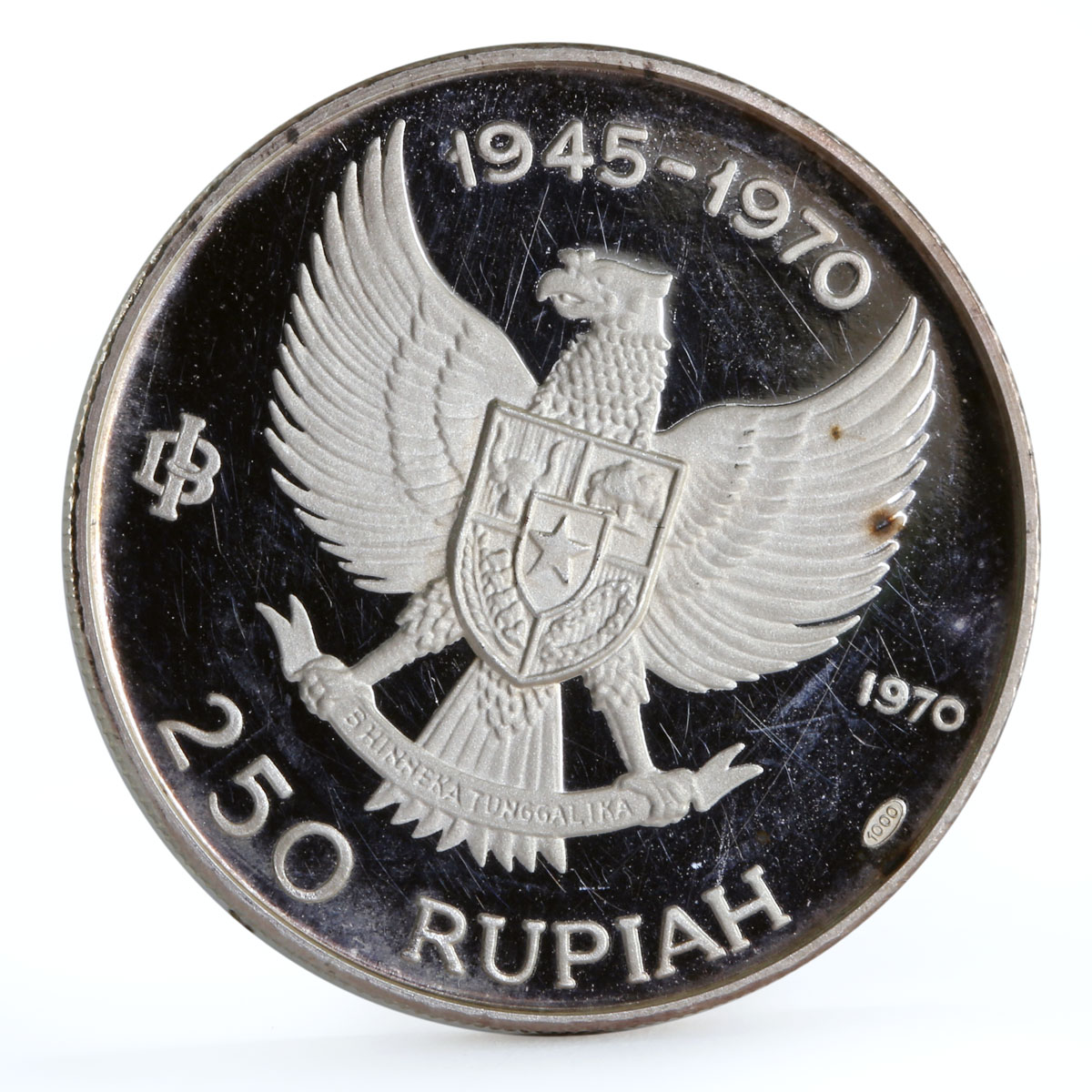 Indonesia 250 rupiah 25th Anniversary of Independence proof silver coin 1970