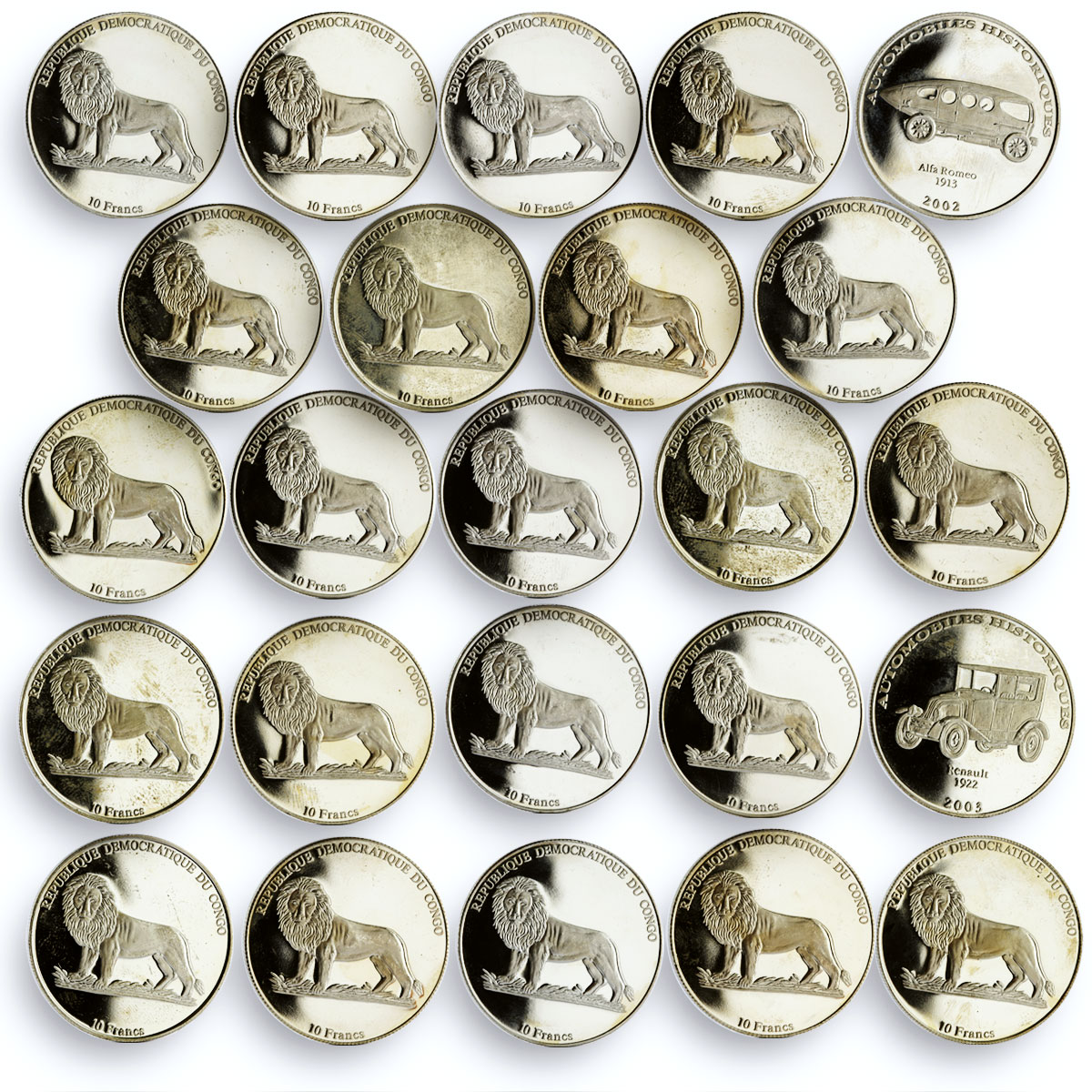Congo set of 24 coins Historical Automobiles Collection CuNi coins 2002 - 2003