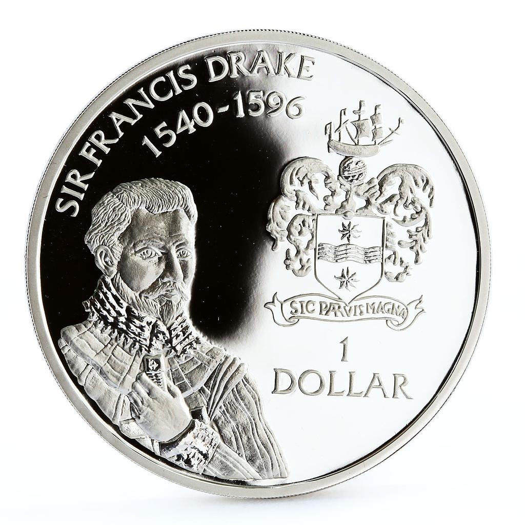 Cayman Islands 1 dollar English Pirate Sir Francis Drake proof silver coin 1994