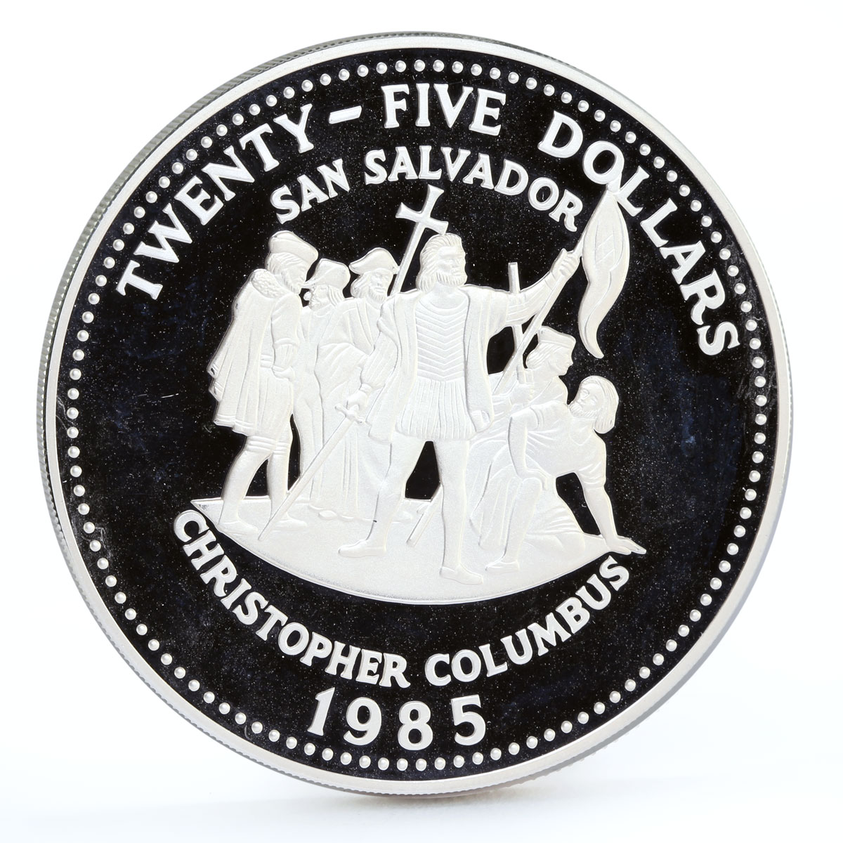 Bahamas 25 dollars Christopher Columbus San Salvador proof silver coin 1985