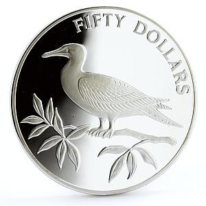 Belize 50 dollars Endangered Wildlife Red Foot Booby Bird Fauna silver coin 1985