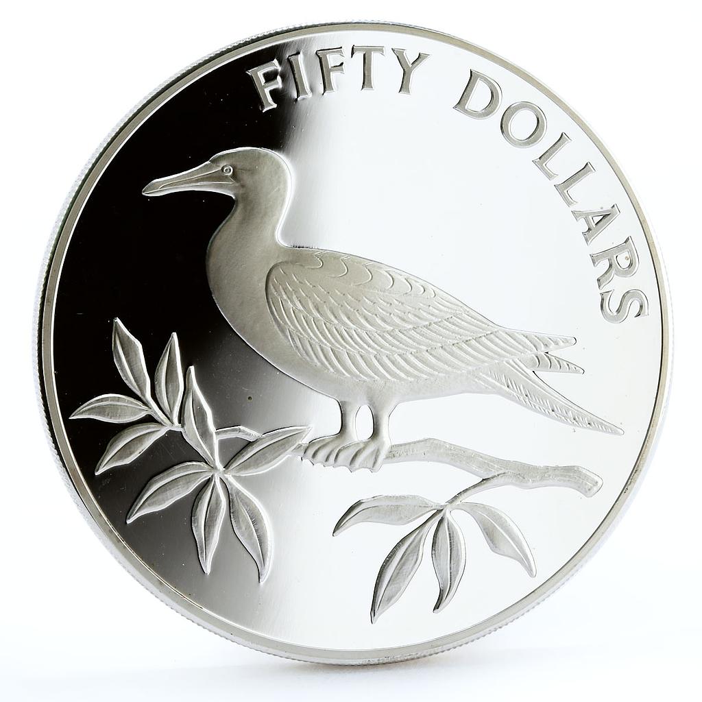 Belize 50 dollars Endangered Wildlife Red Foot Booby Bird Fauna silver coin 1985