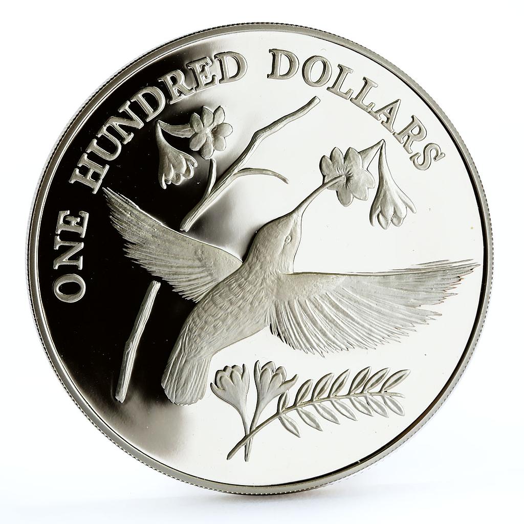St Kitts and Nevis 100 dollars Endangered Wildlife Humming Bird silver coin 1988