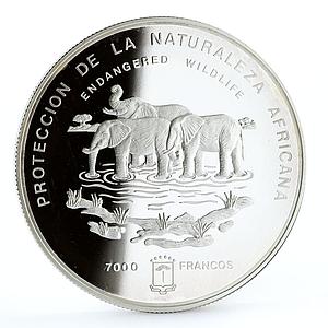 Equatorial Guinea 7000 francos Endangered Wildlife Elephants silver coin 1995