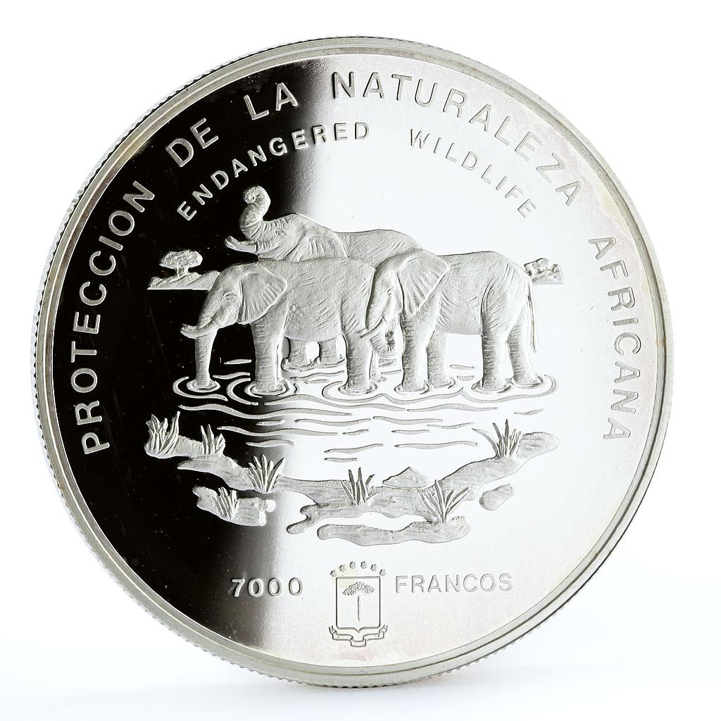 Equatorial Guinea 7000 francos Endangered Wildlife Elephants silver coin 1995