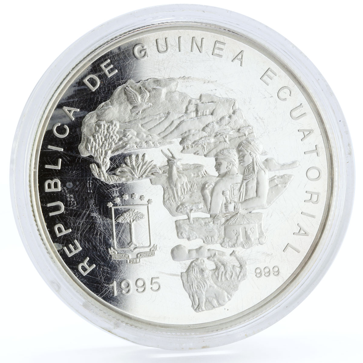 Equatorial Guinea 7000 francos Endangered Wildlife Elephants silver coin 1995