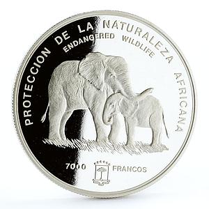 Equatorial Guinea 7000 francos Endangered Wildlife Elephants silver coin 1995