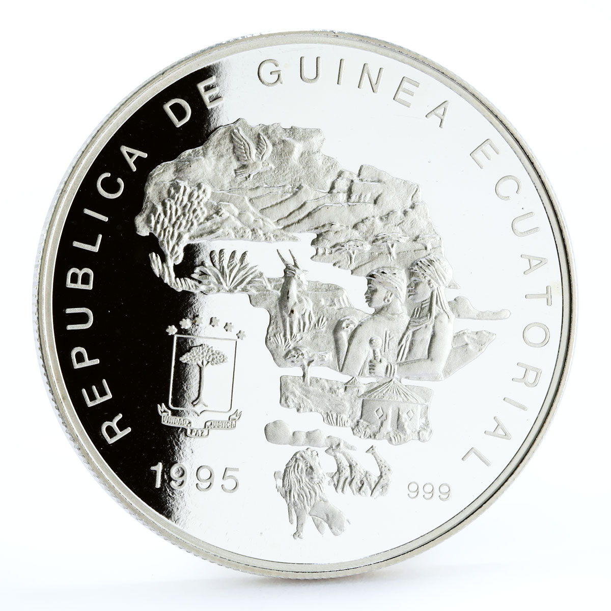 Equatorial Guinea 7000 francos Endangered Wildlife Elephants silver coin 1995