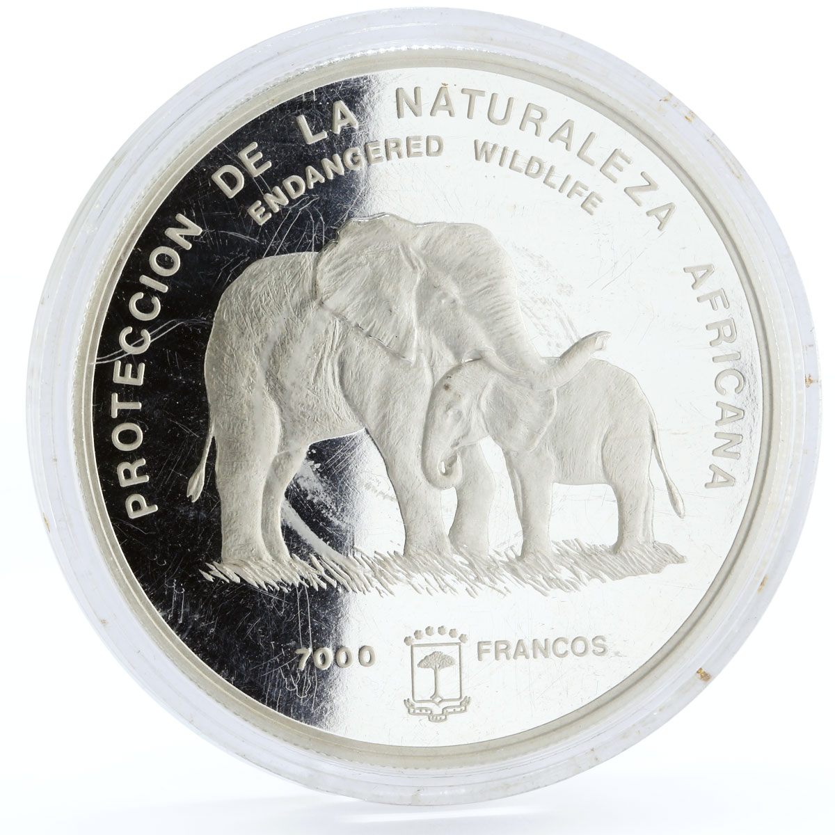 Equatorial Guinea 7000 francos Endangered Wildlife Elephants silver coin 1995