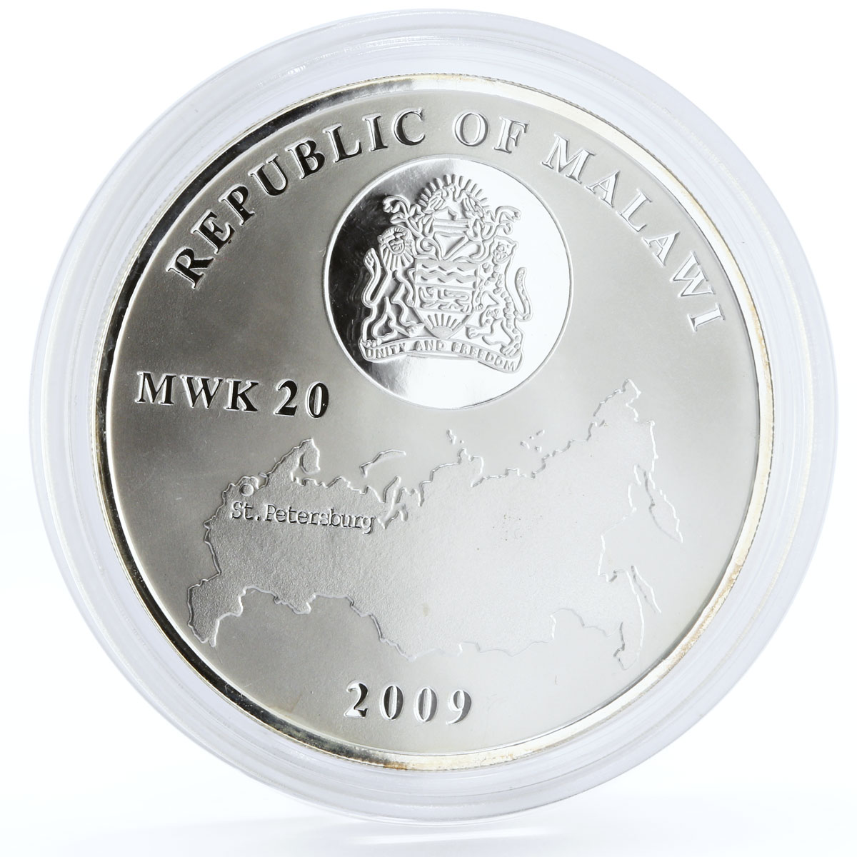 Malawi 20 kwacha Treasures of St Petersburg St Isaac Cathedral silver coin 2009