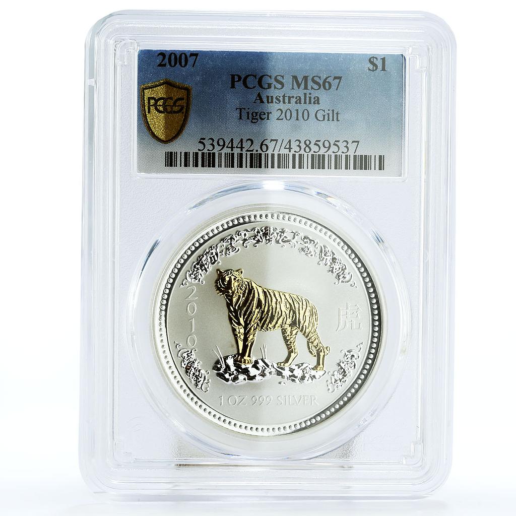 Australia 1 $ Lunar Calendar I Year of Tiger MS67 PCGS gilded silver coin 2010