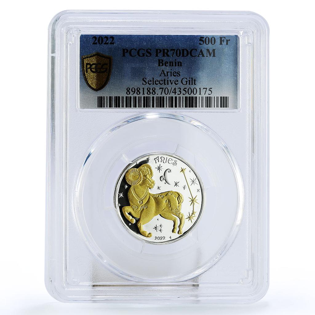 Benin 500 francs Zodiac Signs series Aries PR70 PCGS gilded silver coin 2022