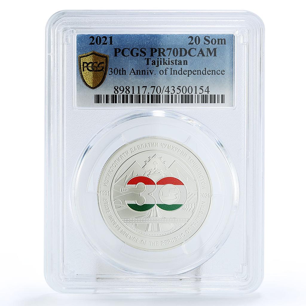 Tajikistan 20 somoni 30 Years Of Independence PR70 PCGS silver coin 2021