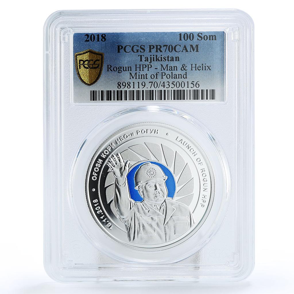 Tajikistan 100 somoni Launch Rogun HPP Helix Mint Poland PR70 PCGS silver 2018