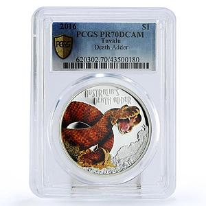 Tuvalu 1 $ Deadly and Dangerous Death Adder Snake PR70 PCGS silver coin 2016