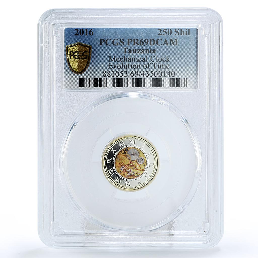 Tanzania 250 shillings Mechanical Clock Evolution of Time PR69 PCGS silver 2016