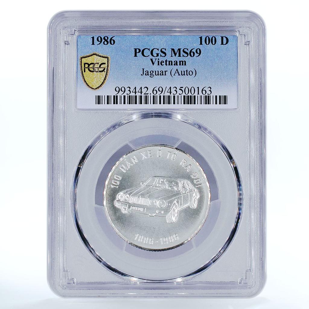 Vietnam 100 dong 100 Years of Automobile Jaguar MS69 PCGS silver coin 1986