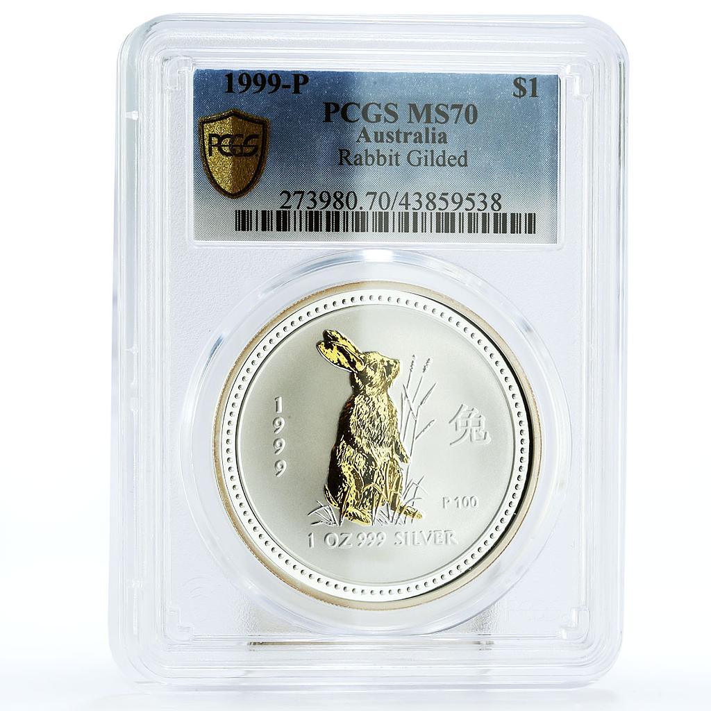Australia 1 dollar Lunar I Year of the Rabbit MS70 PCGS gilded silver coin 1999