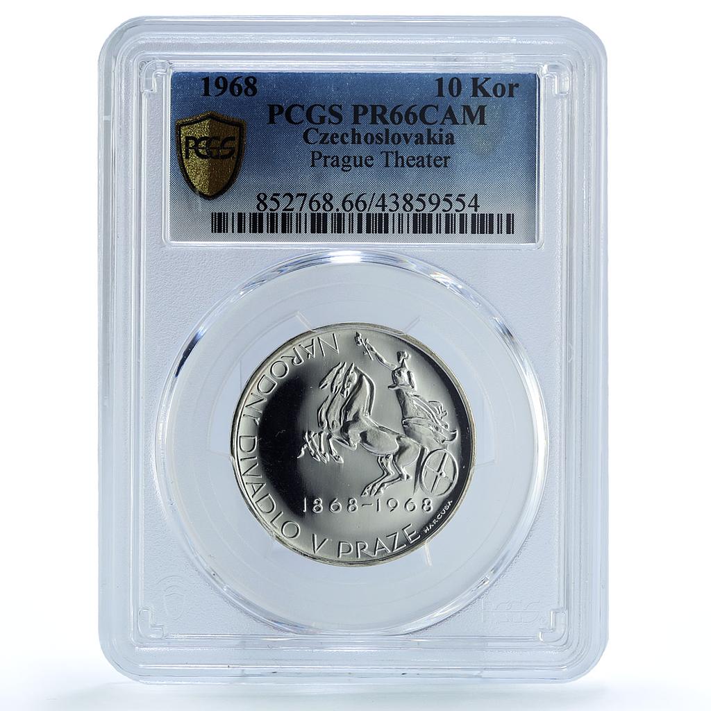Czechoslovakia 10 korun Prague Theater Godess Chariot PR66 PCGS silver coin 1968