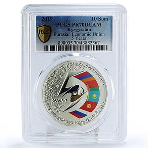 Kyrgyzstan 10 som 5 Years Eurasian Economic Union PR70 PCGS silver coin 2019