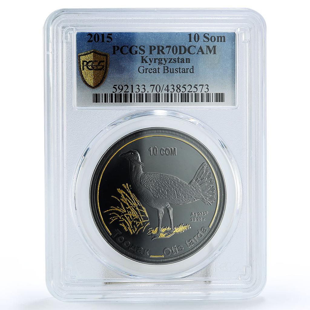 Kyrgyzstan 10 som Red Book Great Bustard PR70 PCGS silver coin 2015