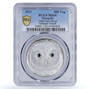 Mongolia 500 tugrik Wildlife Protection Owl Strix MS69 PCGS silver coin 2011