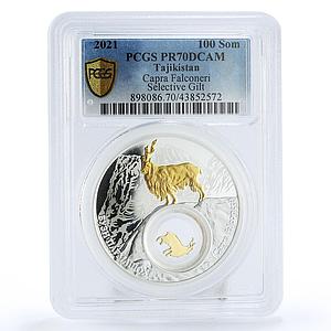 Tajikistan 100 somoni Capra Falconeri Selective Gilt PR70 PCGS silver coin 2021