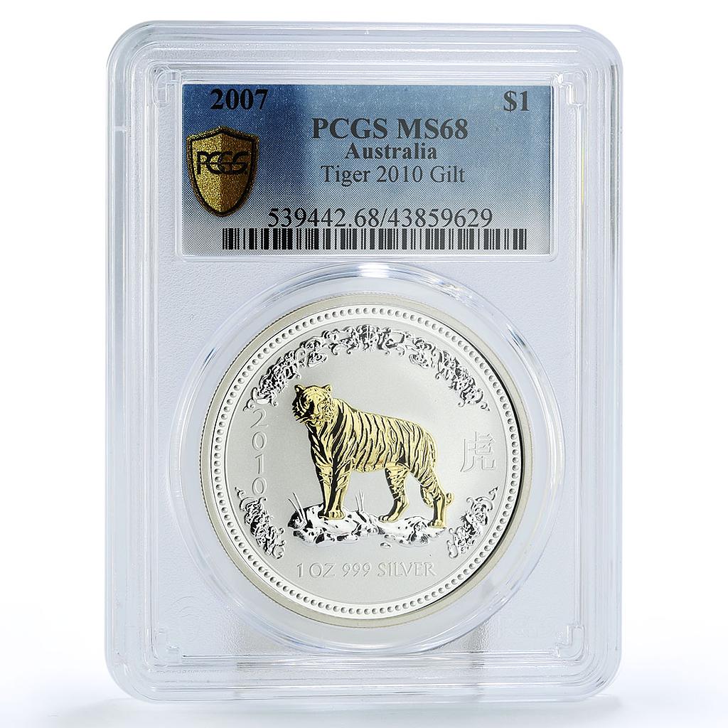 Australia 1 $ Lunar Calendar I Year of Tiger MS68 PCGS gilded silver coin 2010