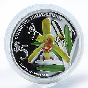 Singapore 5 dollars Orchid Cymbidium Flowers Flora silver proof coin 2011